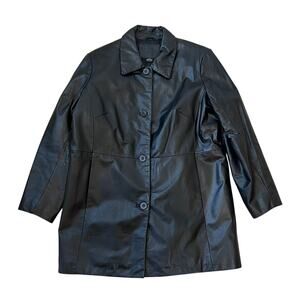 Vintage Y2K Black Leather Jacket size Large Long Downtown Girl